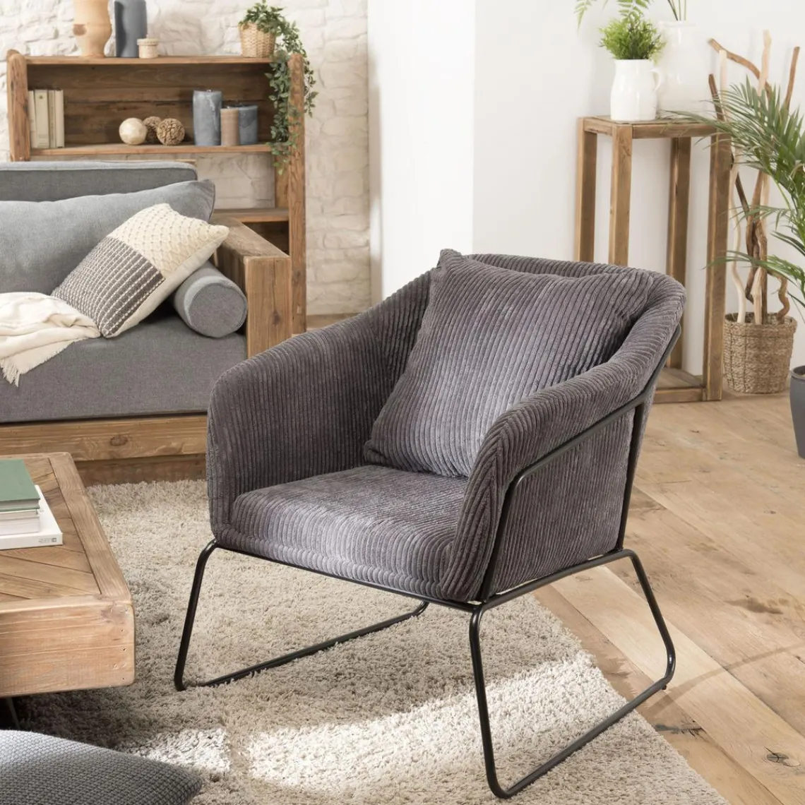 Macabane Fauteuil Tissu AGATHE Velours Cotelé Gris Anthracite Pieds Évasés Métal Hot