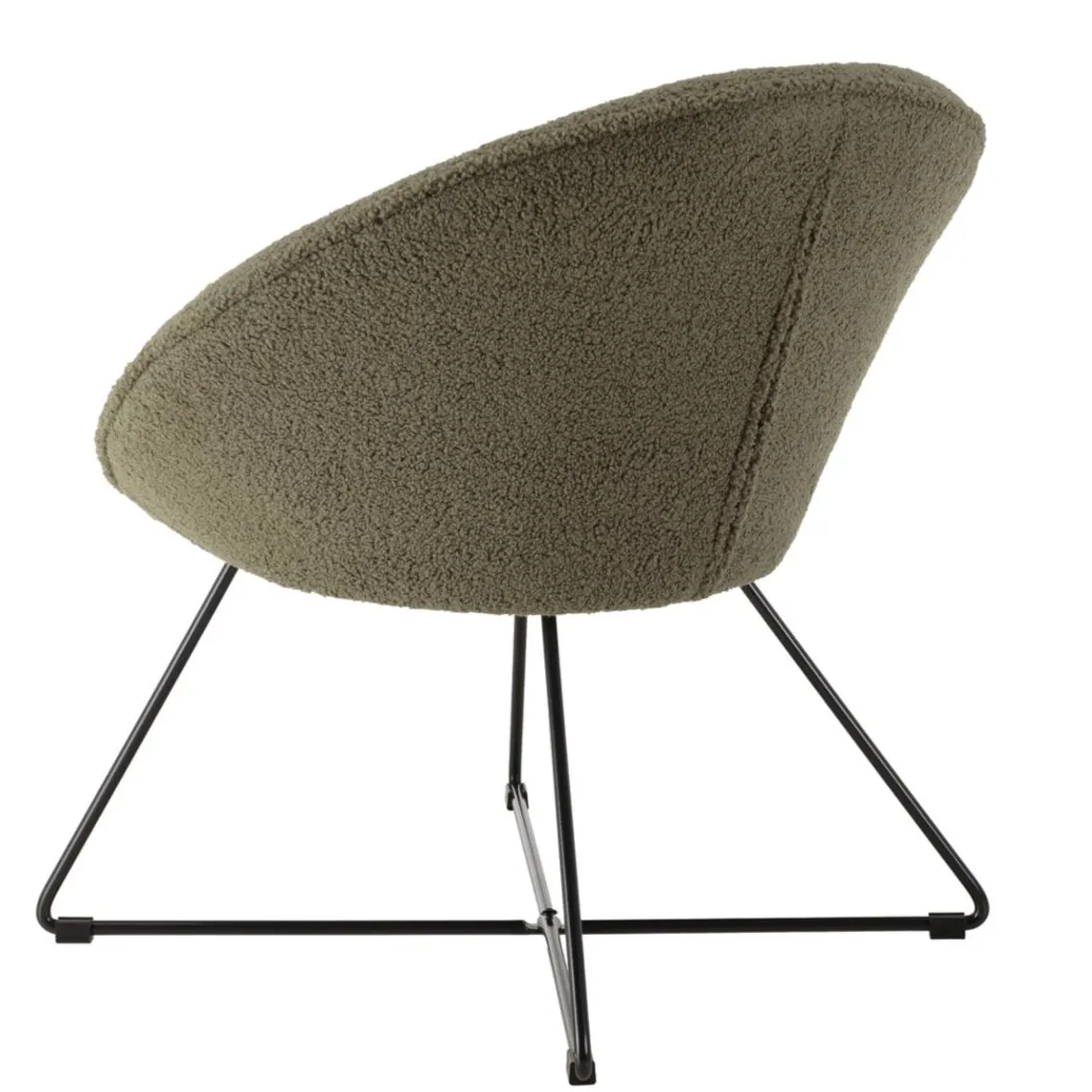 Macabane Fauteuil tissu bouclette vert kaki pieds croisés métal noir AGATHE New