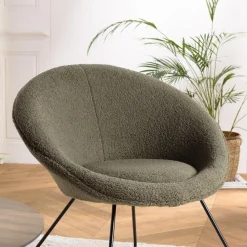 Macabane Fauteuil tissu bouclette vert kaki pieds croisés métal noir AGATHE New