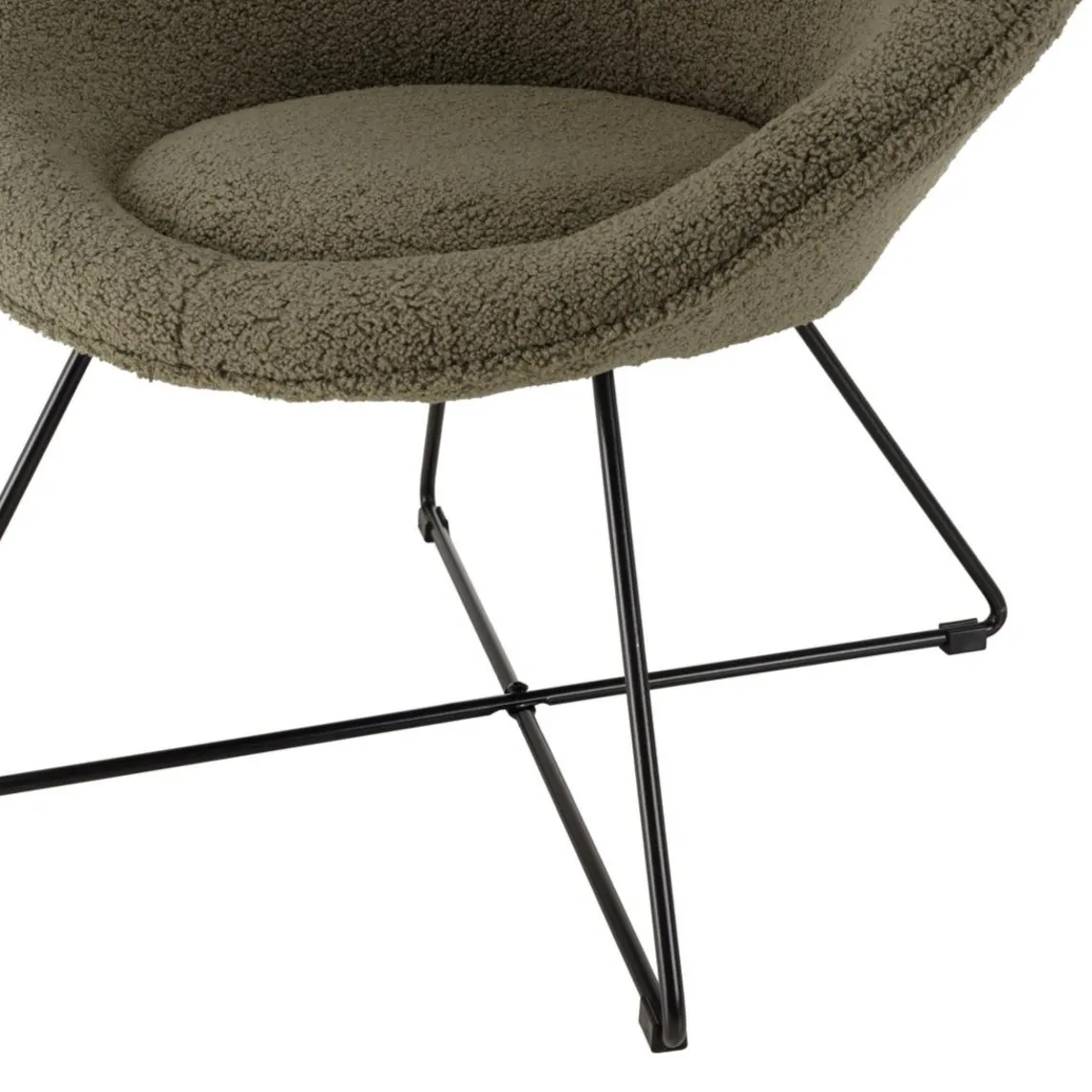 Macabane Fauteuil tissu bouclette vert kaki pieds croisés métal noir AGATHE New