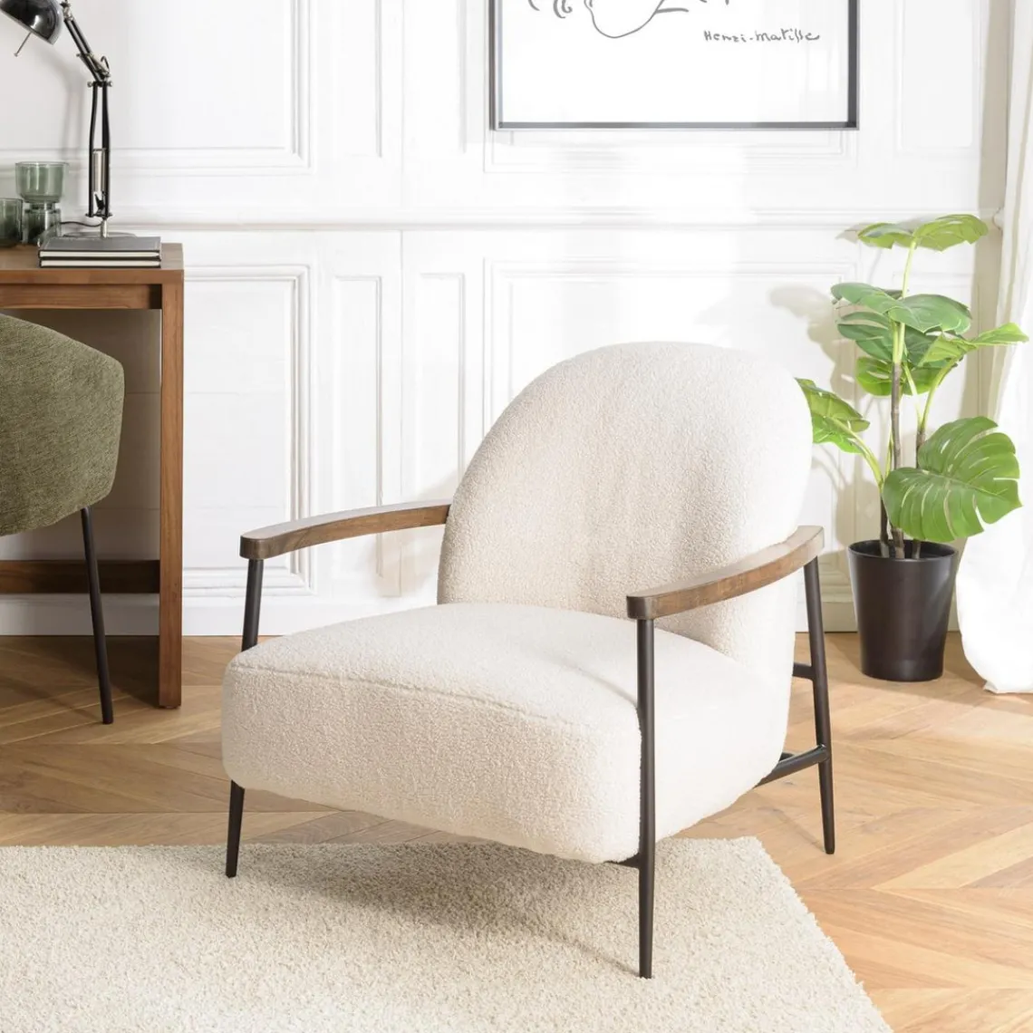 Macabane Fauteuil tissu bouclette écru structure métallique GASTON Best