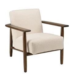 Macabane Fauteuil tissu bouclette écru structure et accoudoirs en bois GASTON New
