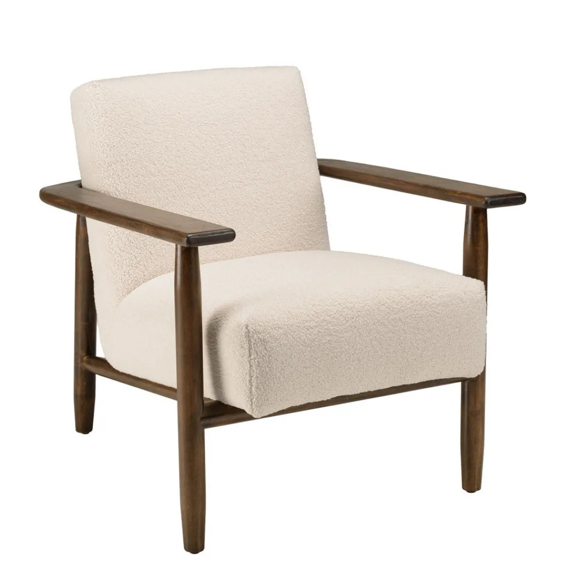 Macabane Fauteuil tissu bouclette écru structure et accoudoirs en bois GASTON New