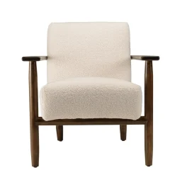 Macabane Fauteuil tissu bouclette écru structure et accoudoirs en bois GASTON New