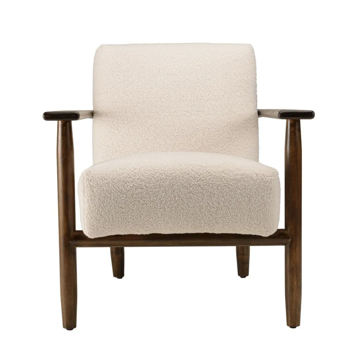 Macabane Fauteuil tissu bouclette écru structure et accoudoirs en bois GASTON New