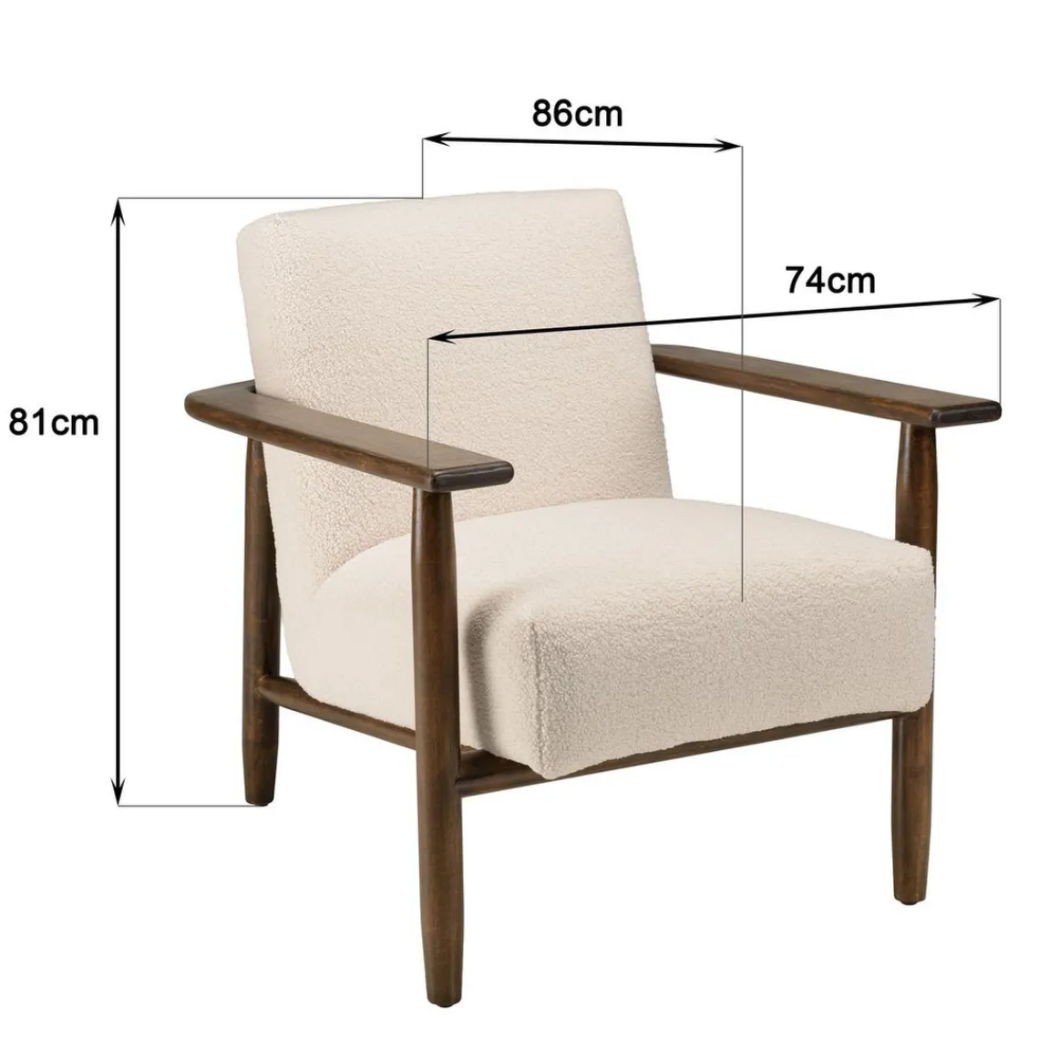 Macabane Fauteuil tissu bouclette écru structure et accoudoirs en bois GASTON New