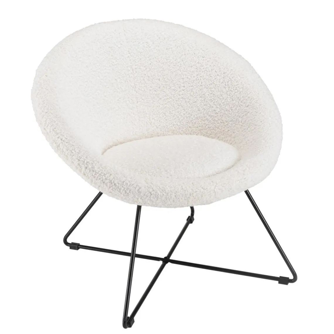 Macabane Fauteuil tissu bouclette blanc pieds croisés métal noir Discount