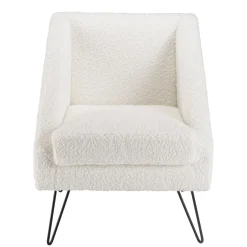 Macabane Fauteuil tissu bouclette blanc pieds épingles métal noir New
