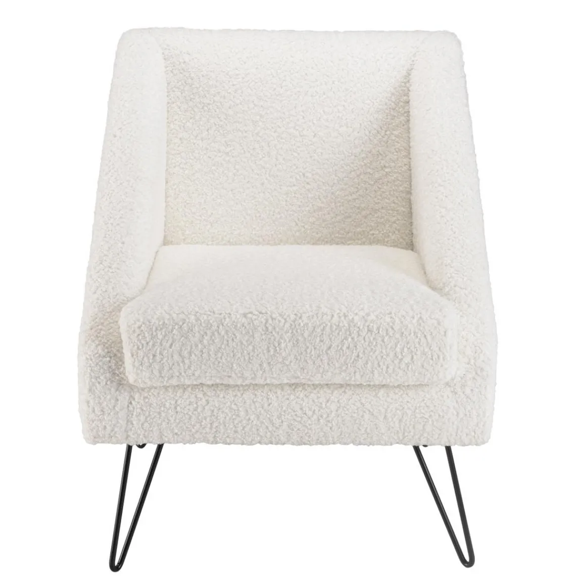 Macabane Fauteuil tissu bouclette blanc pieds épingles métal noir New