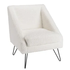 Macabane Fauteuil tissu bouclette blanc pieds épingles métal noir New