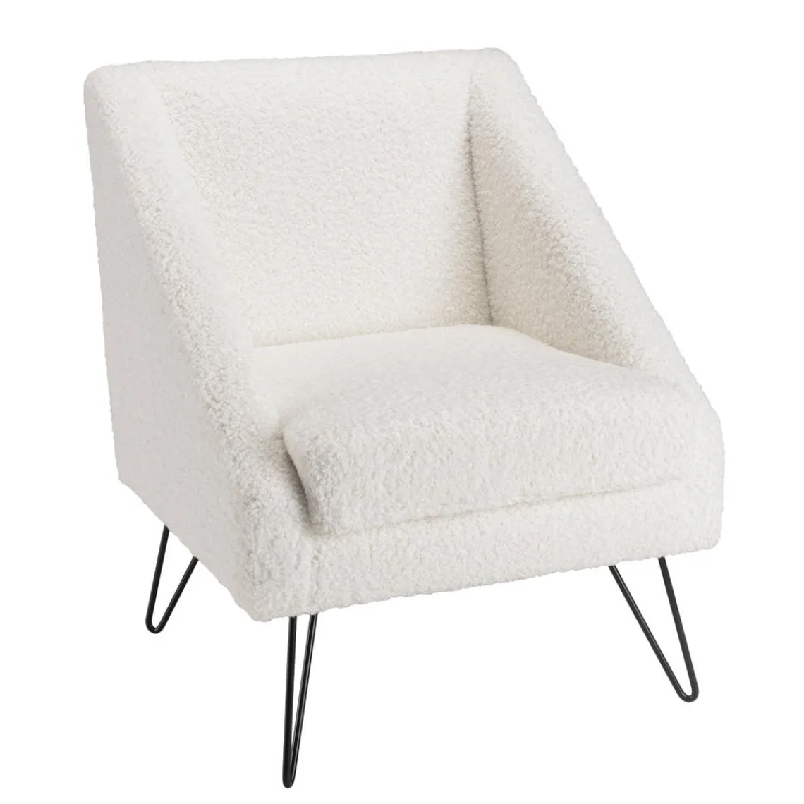 Macabane Fauteuil tissu bouclette blanc pieds épingles métal noir New