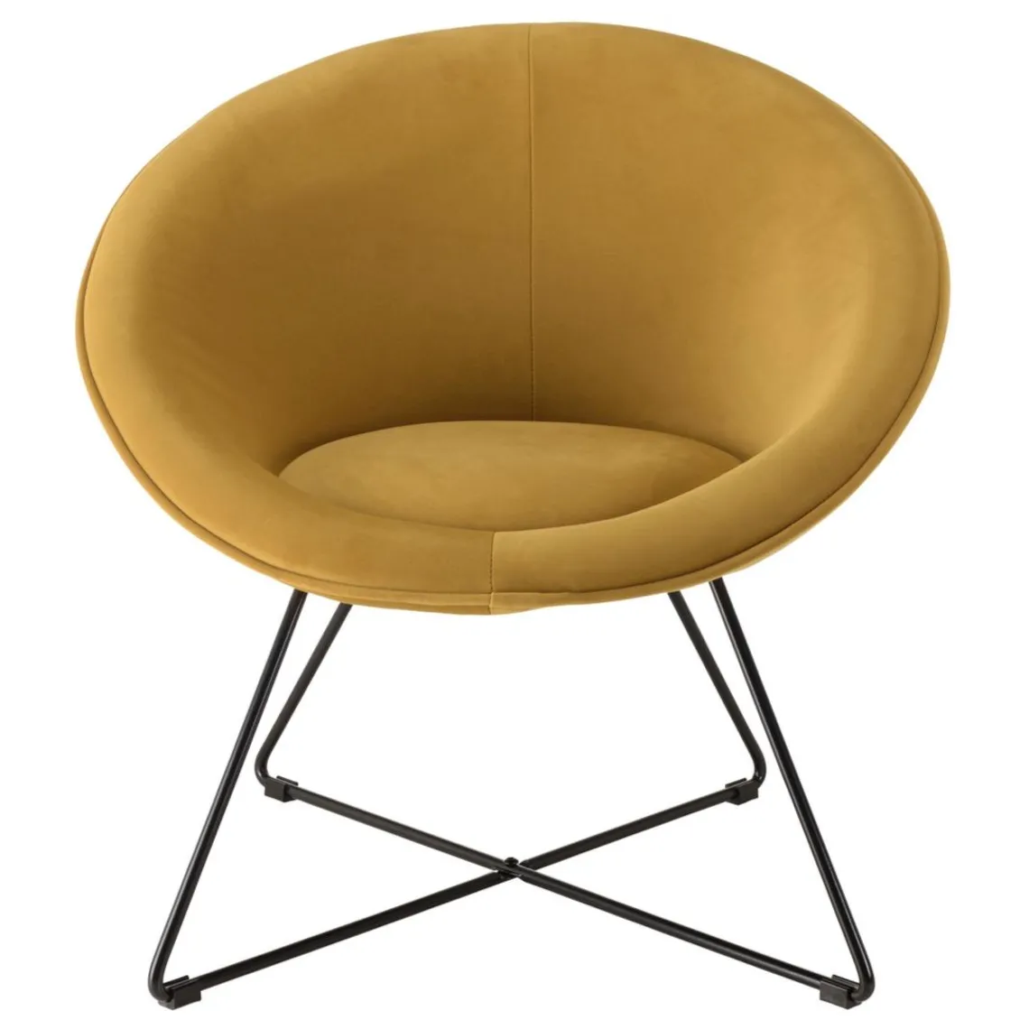 Macabane Fauteuil tissu velours jaune moutarde pieds croisés métal noir AGATHE