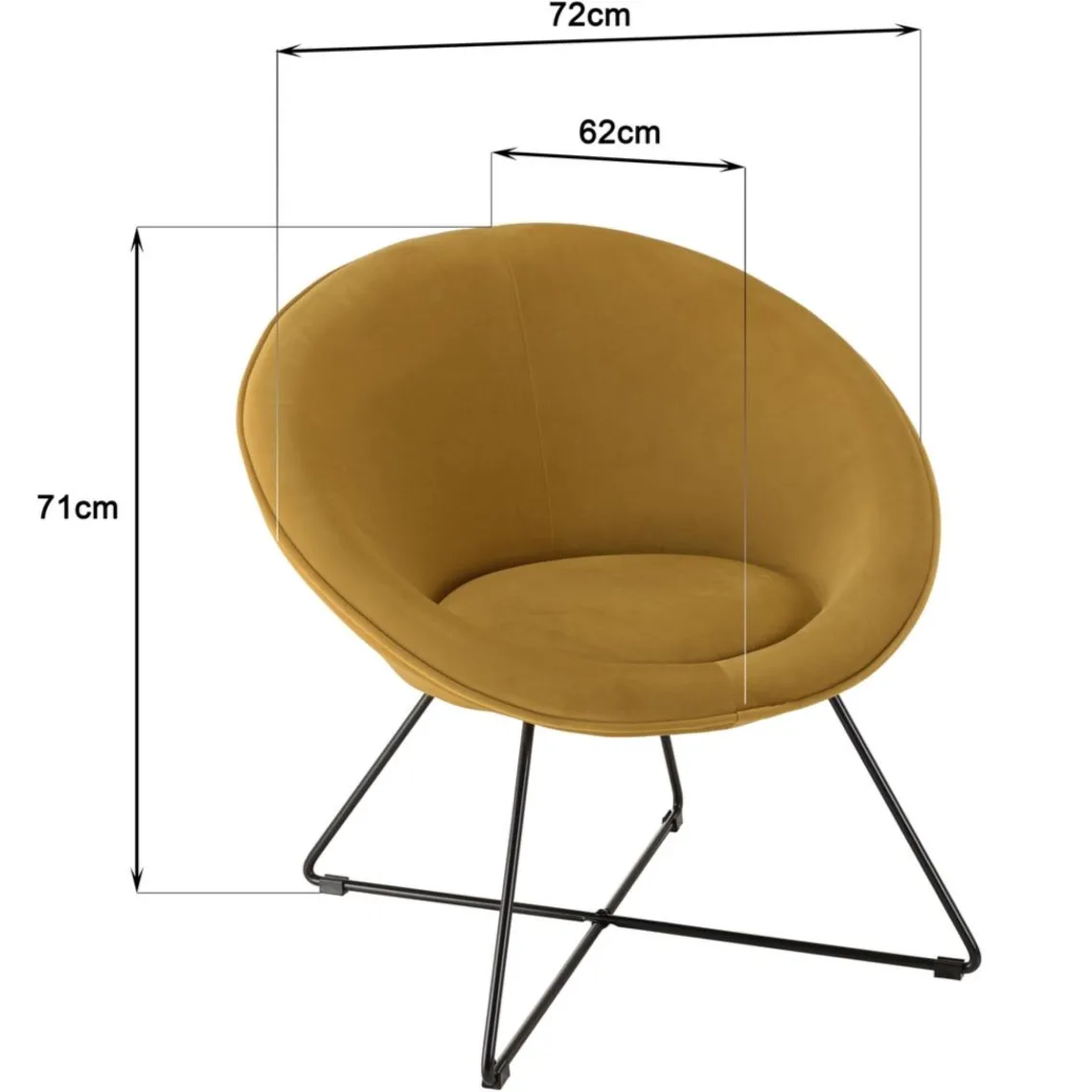 Macabane Fauteuil tissu velours jaune moutarde pieds croisés métal noir AGATHE