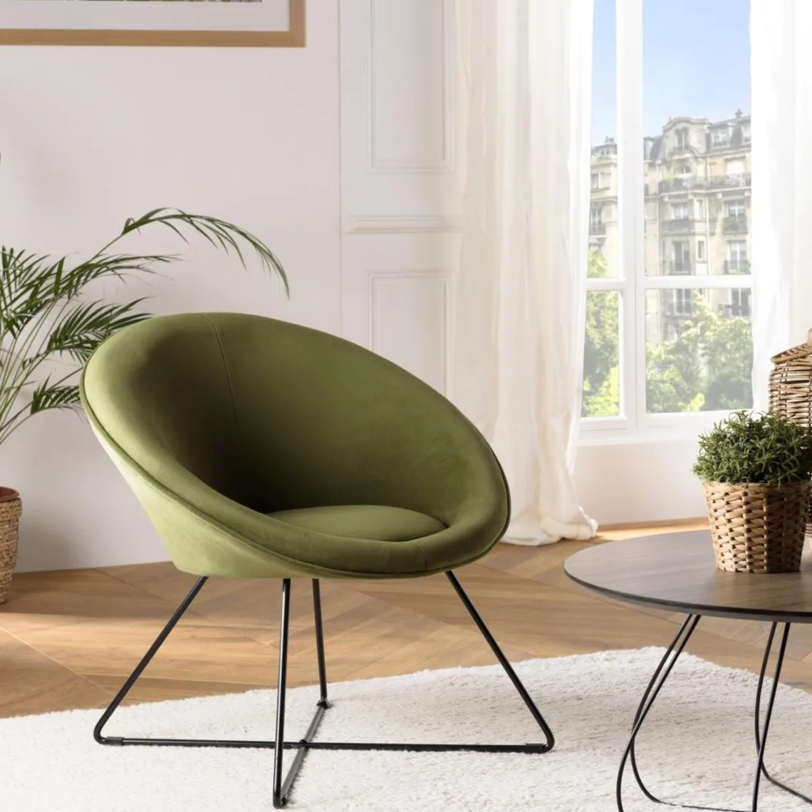 Macabane Fauteuil tissu velours vert olive pieds croisés métal noir AGATHE Best