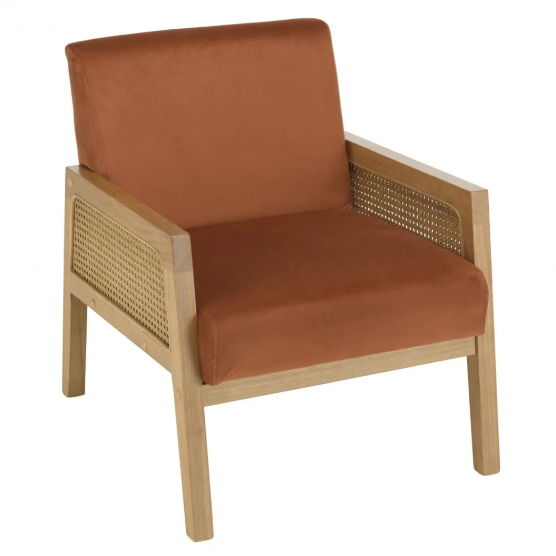 Macabane Fauteuil velours orange pieds bois et accoudoirs rotin Best