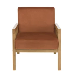 Macabane Fauteuil velours orange pieds bois et accoudoirs rotin Best