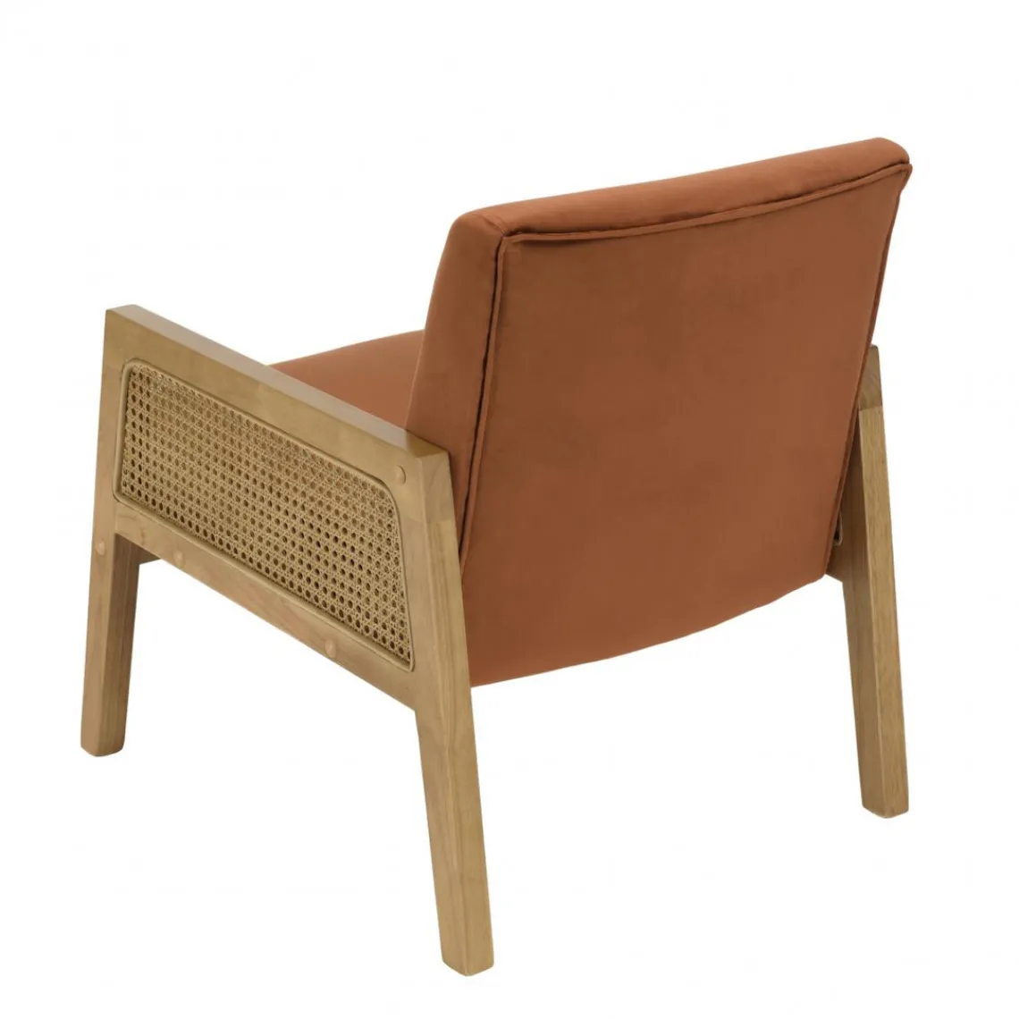 Macabane Fauteuil velours orange pieds bois et accoudoirs rotin Best
