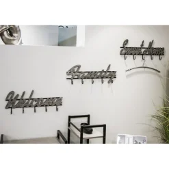 3S. x Home Garderobe murale 5 crochets écriture en bois laqué argent et cadre en métal laqué Noir New