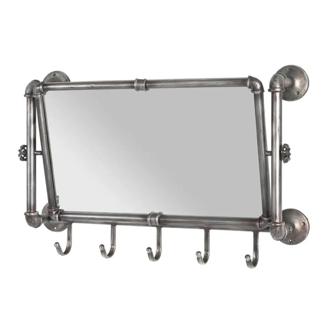 3S. x Home Garderobe murale avec miroir orientable et 5 crochets en Acier laqué Gris anthracite Hot