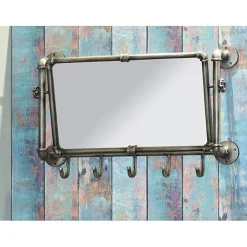 3S. x Home Garderobe murale avec miroir orientable et 5 crochets en Acier laqué Gris anthracite Hot