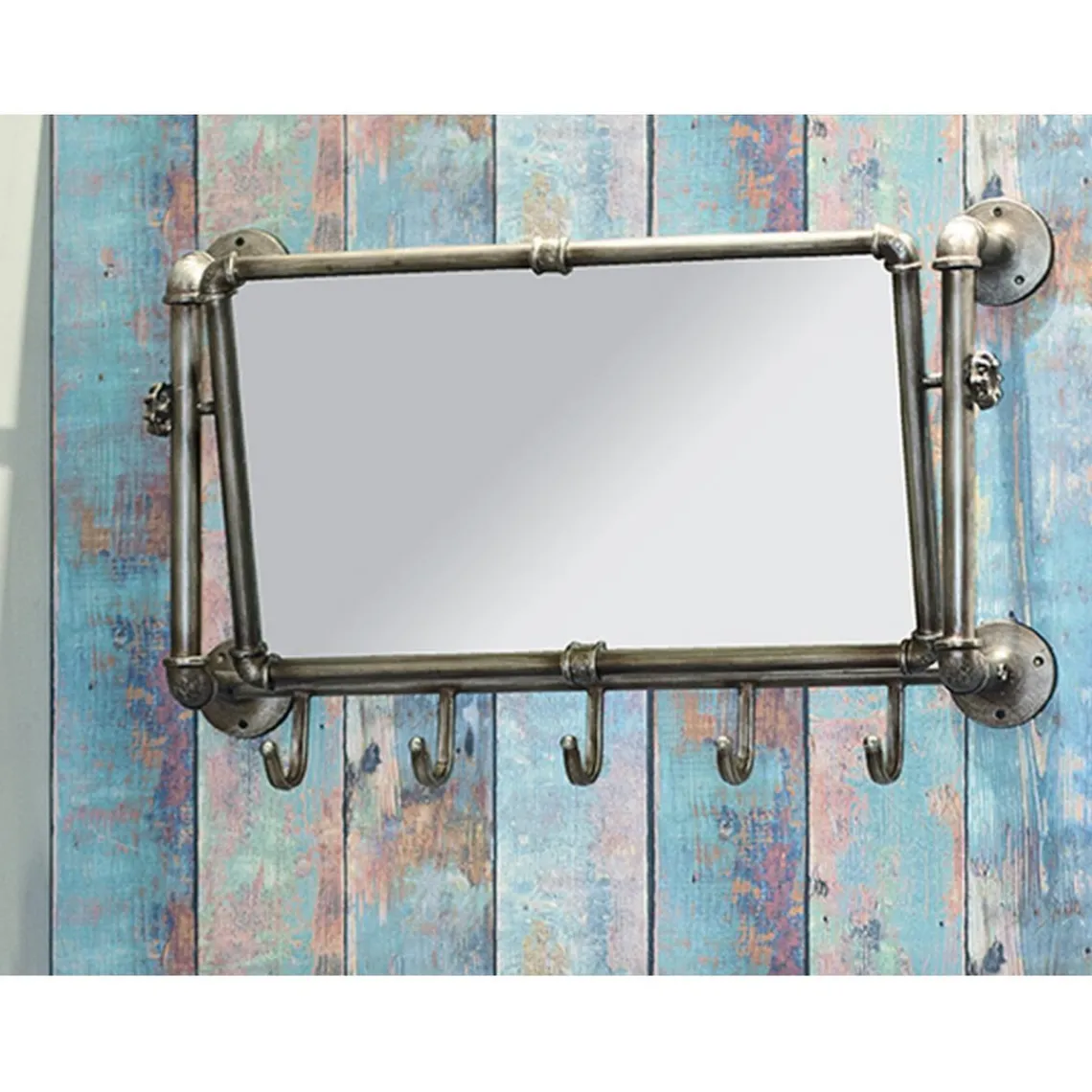 3S. x Home Garderobe murale avec miroir orientable et 5 crochets en Acier laqué Gris anthracite Hot
