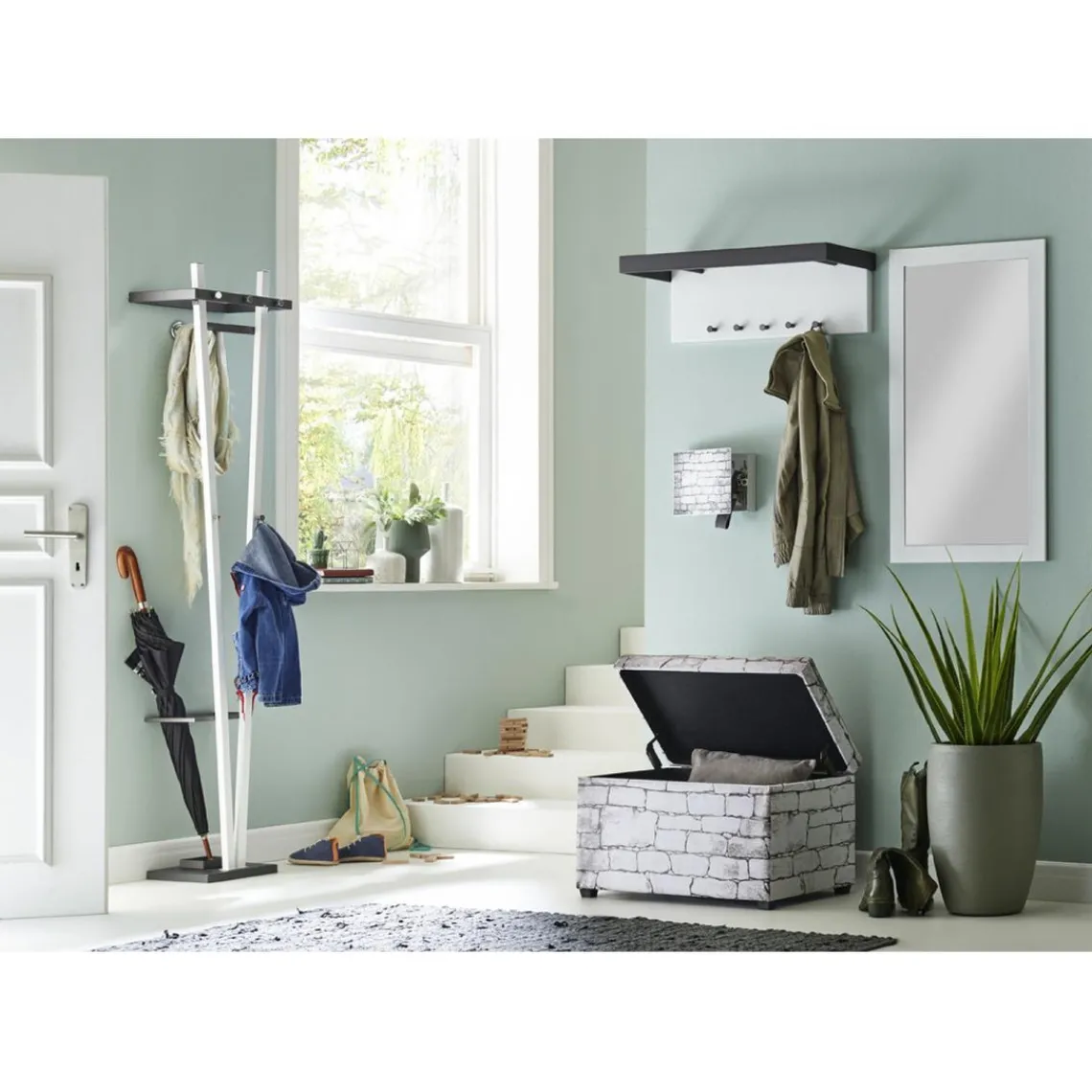 3S. x Home Garderobe murale avec porte parapluies en anthracite époxy et 5 crochets tube d'acier laqué Blanc Online