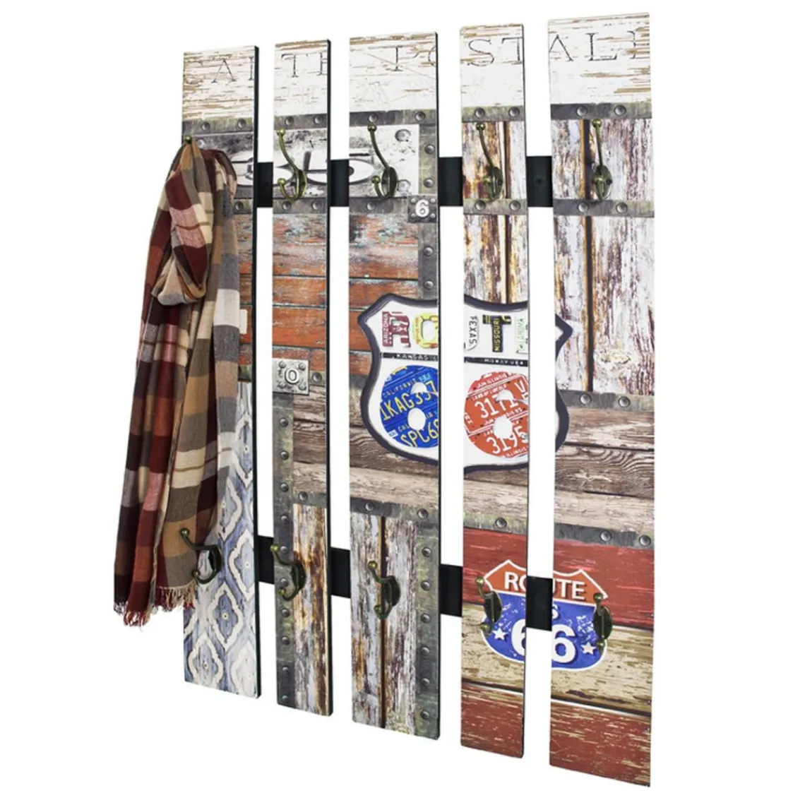 3S. x Home garderobe murale effet bois vintage 10 crochets ROUTE 66