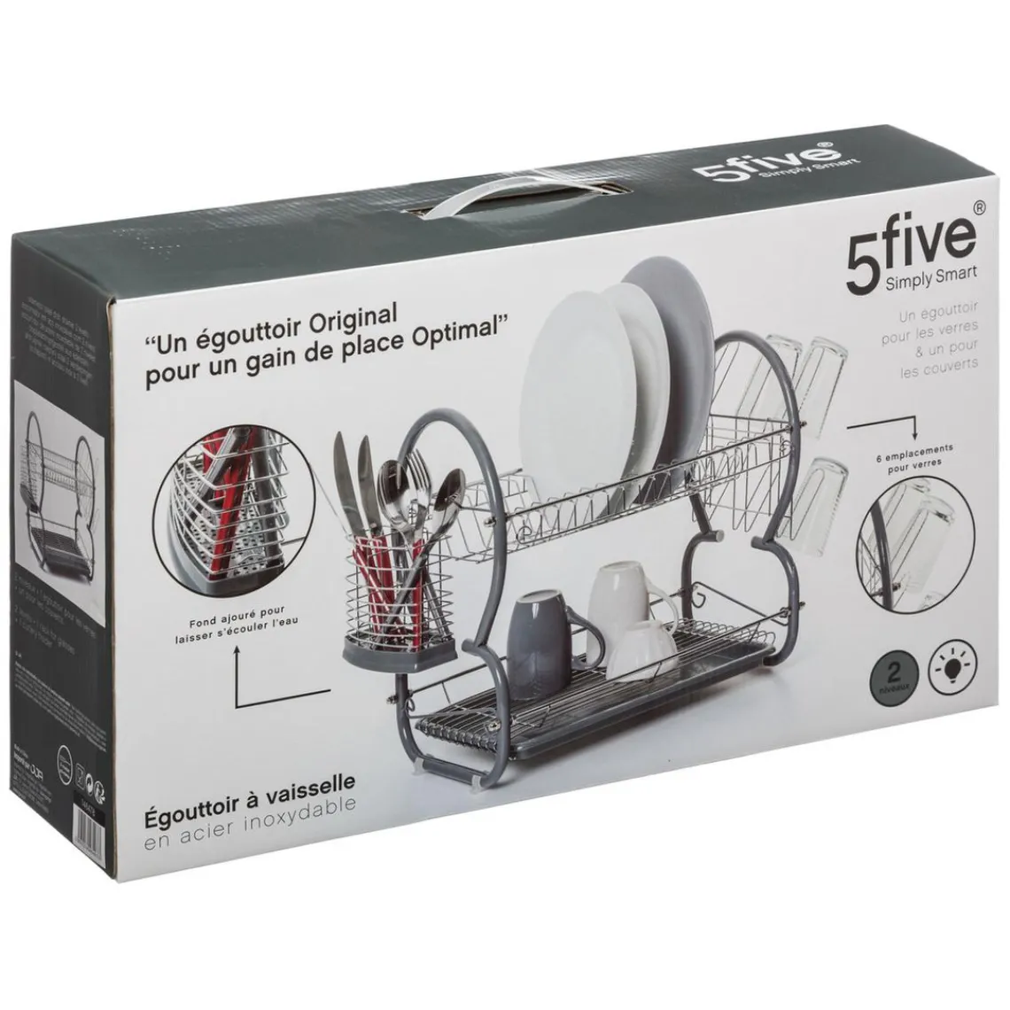 3S. x Home Égouttoir métal 2 niveaux avec plateau gris