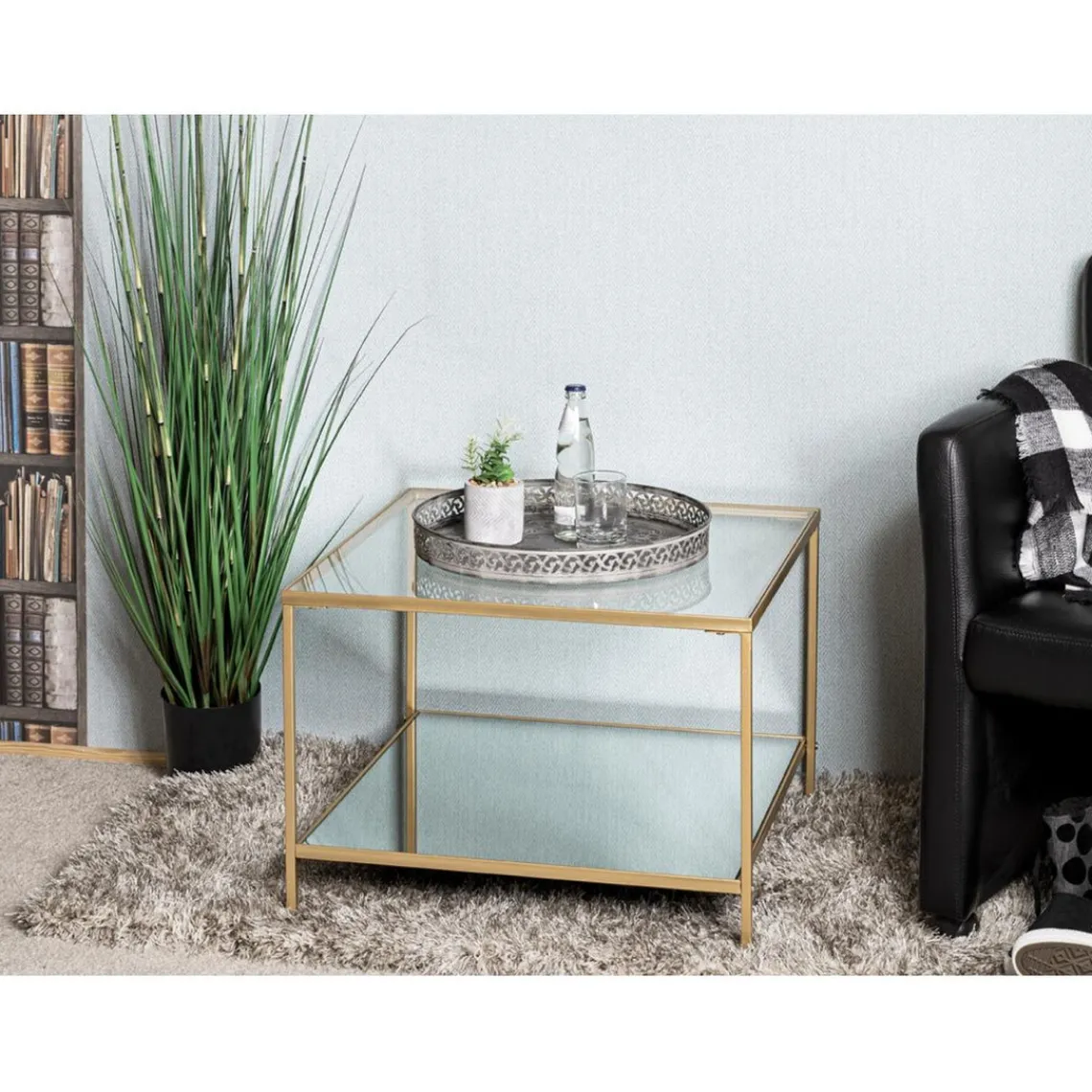 3S. x Home Grande table d'appoint carrée acier laqué d’or et plateaux miroir et verre trempé Hot