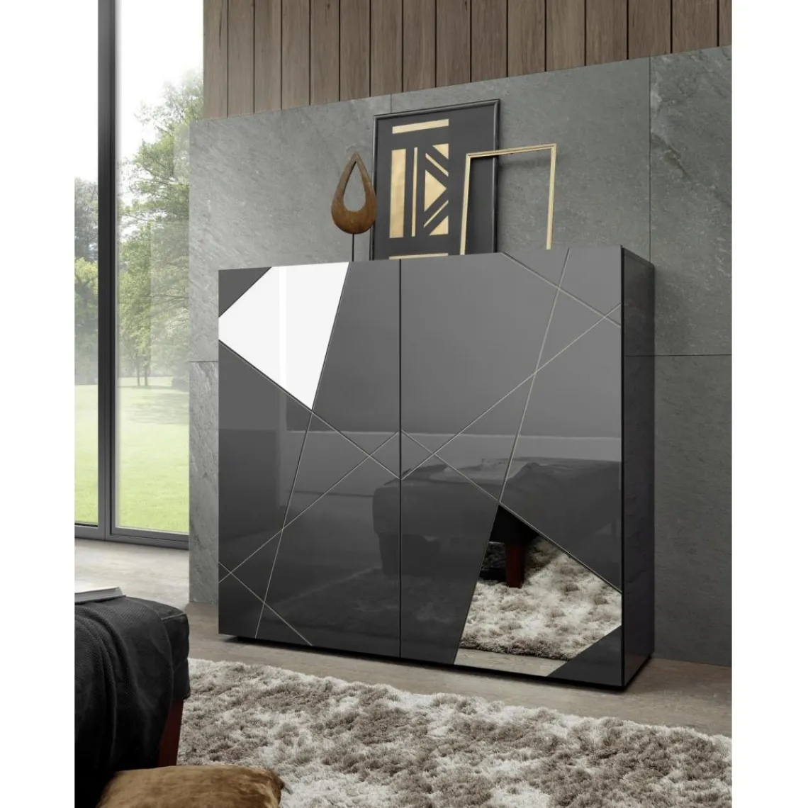 3S. x Home Highboard 2 portes gris laqué avec sérigraphie et miroir Best