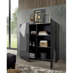 3S. x Home Highboard 2 portes gris laqué avec sérigraphie et miroir Best