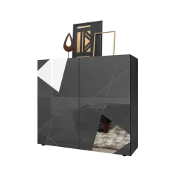 3S. x Home Highboard 2 portes gris laqué avec sérigraphie et miroir Best