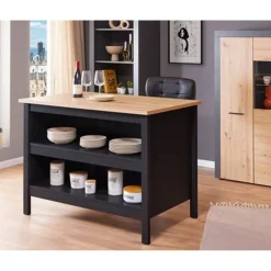 3S. x Home Ilôt de cuisine HELINA - Noir/chêne artisan Sale