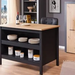 3S. x Home Ilôt de cuisine HELINA - Noir/chêne artisan Sale