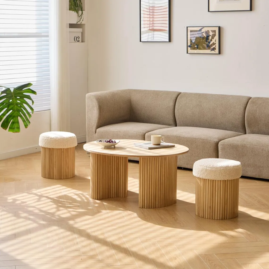 3S. x Home La set ARVIKA combinant une table basse et 2 poufs style scandinave New