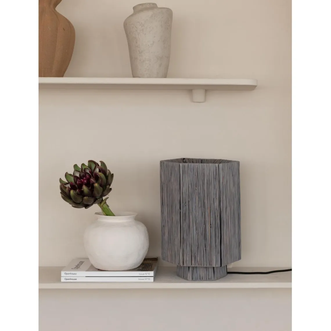 Good & Mojo Lampe de table raphia Panama ronde octogonale gris