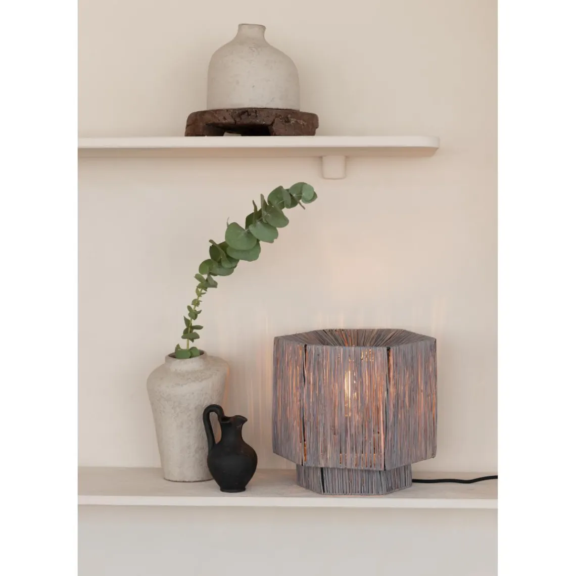 Good & Mojo Lampe de table raphia Panama ronde octogonale gris Outlet