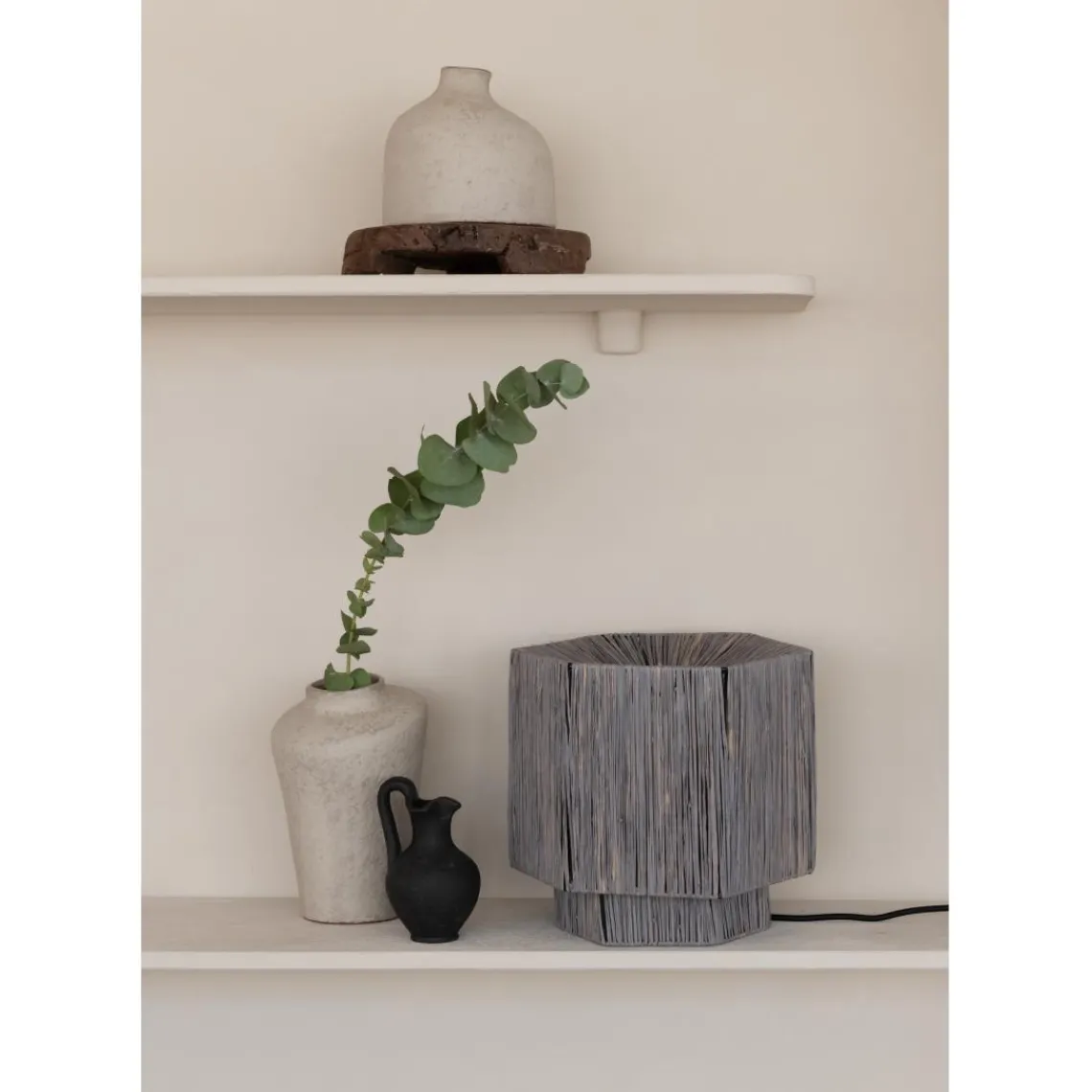 Good & Mojo Lampe de table raphia Panama ronde octogonale gris Outlet