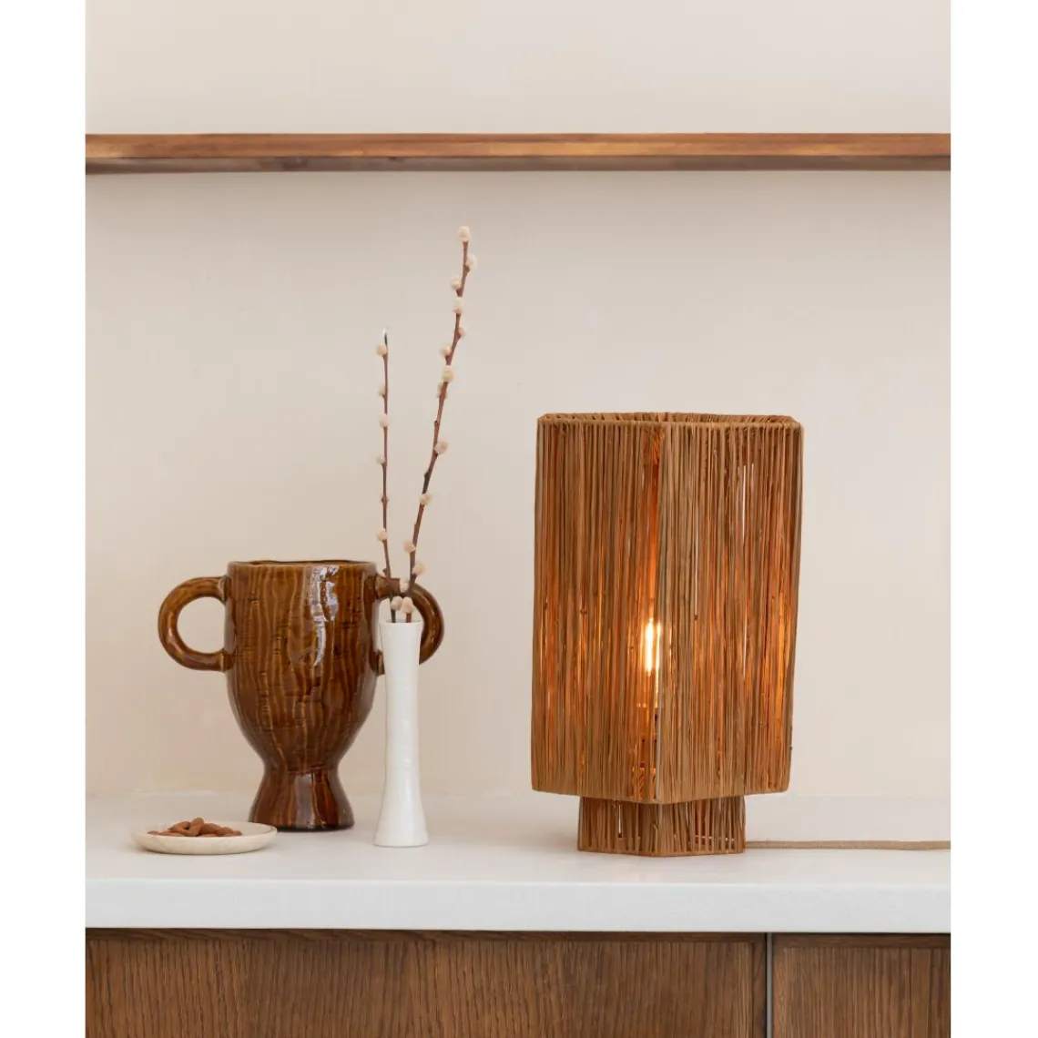 Good & Mojo Lampe de table raphia Panama ronde octogonale marron New