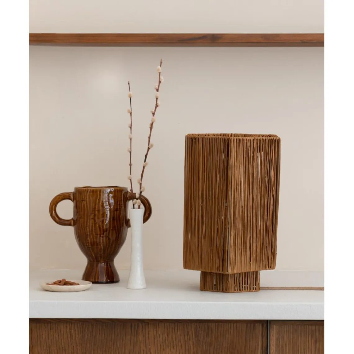 Good & Mojo Lampe de table raphia Panama ronde octogonale marron New