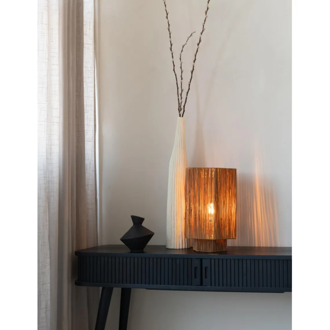 Good & Mojo Lampe de table raphia Panama ronde octogonale marron New