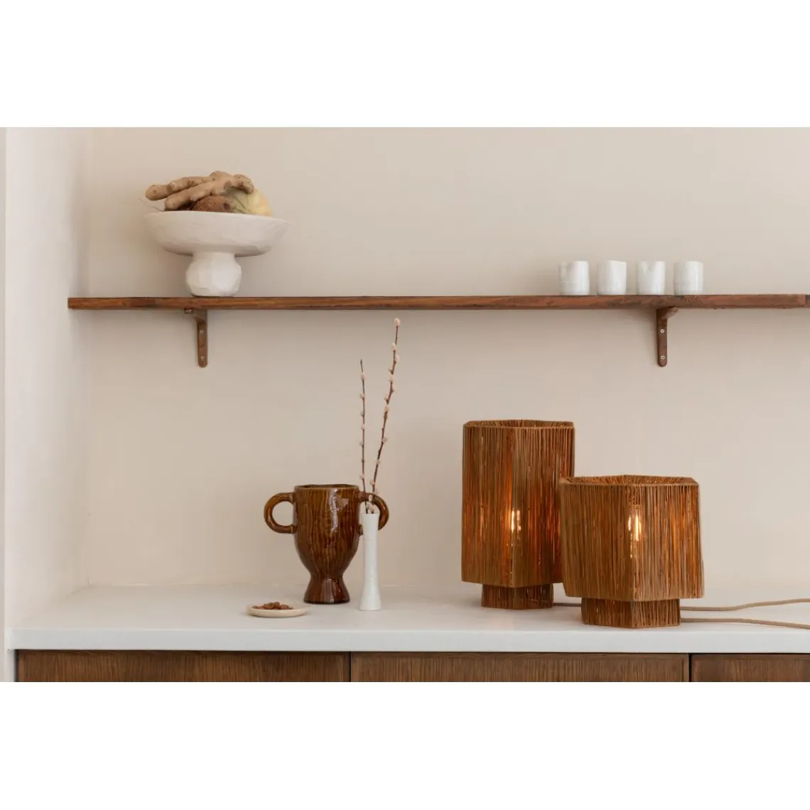 Good & Mojo Lampe de table raphia Panama ronde octogonale marron New