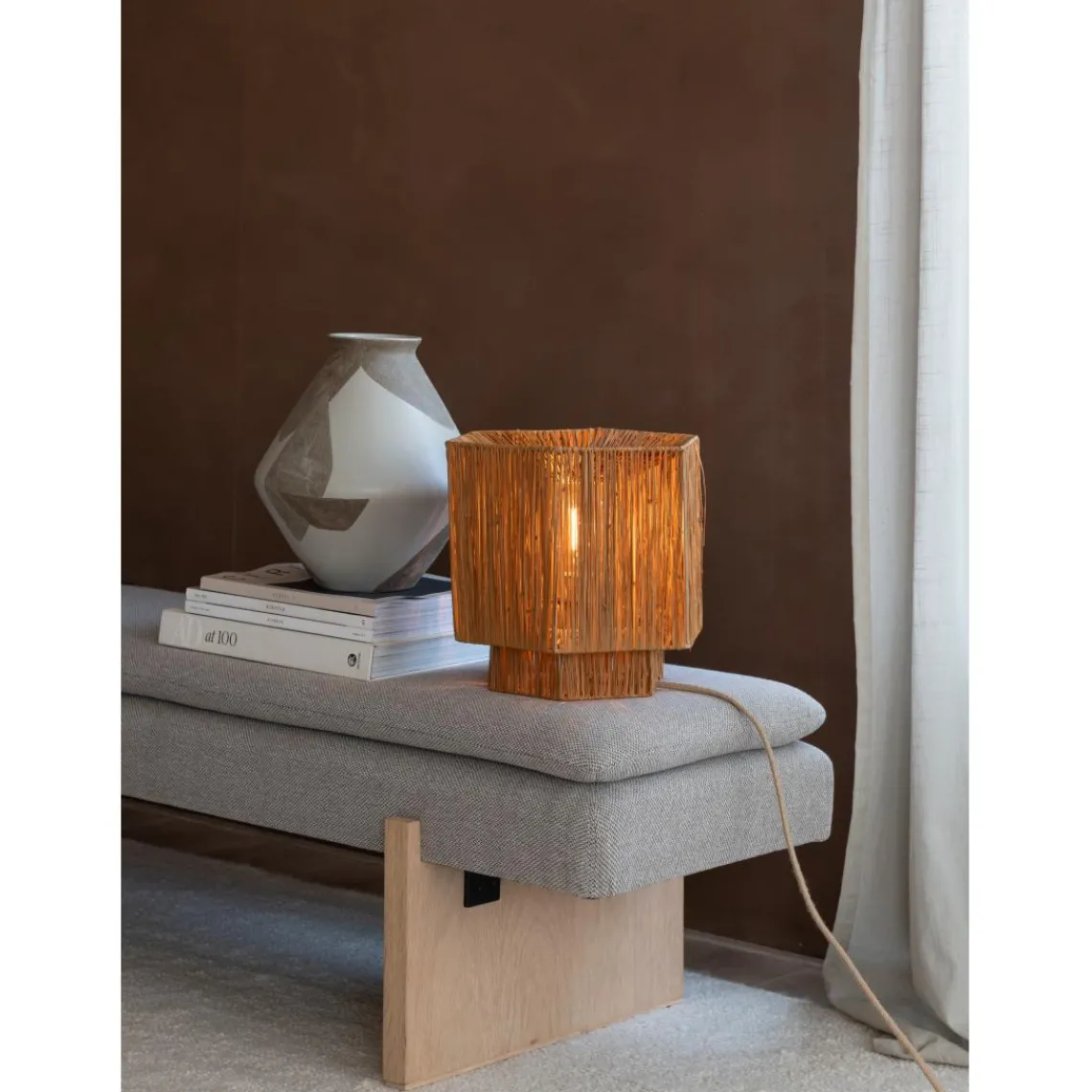 Good & Mojo Lampe de table raphia Panama ronde-octogonale marron Outlet