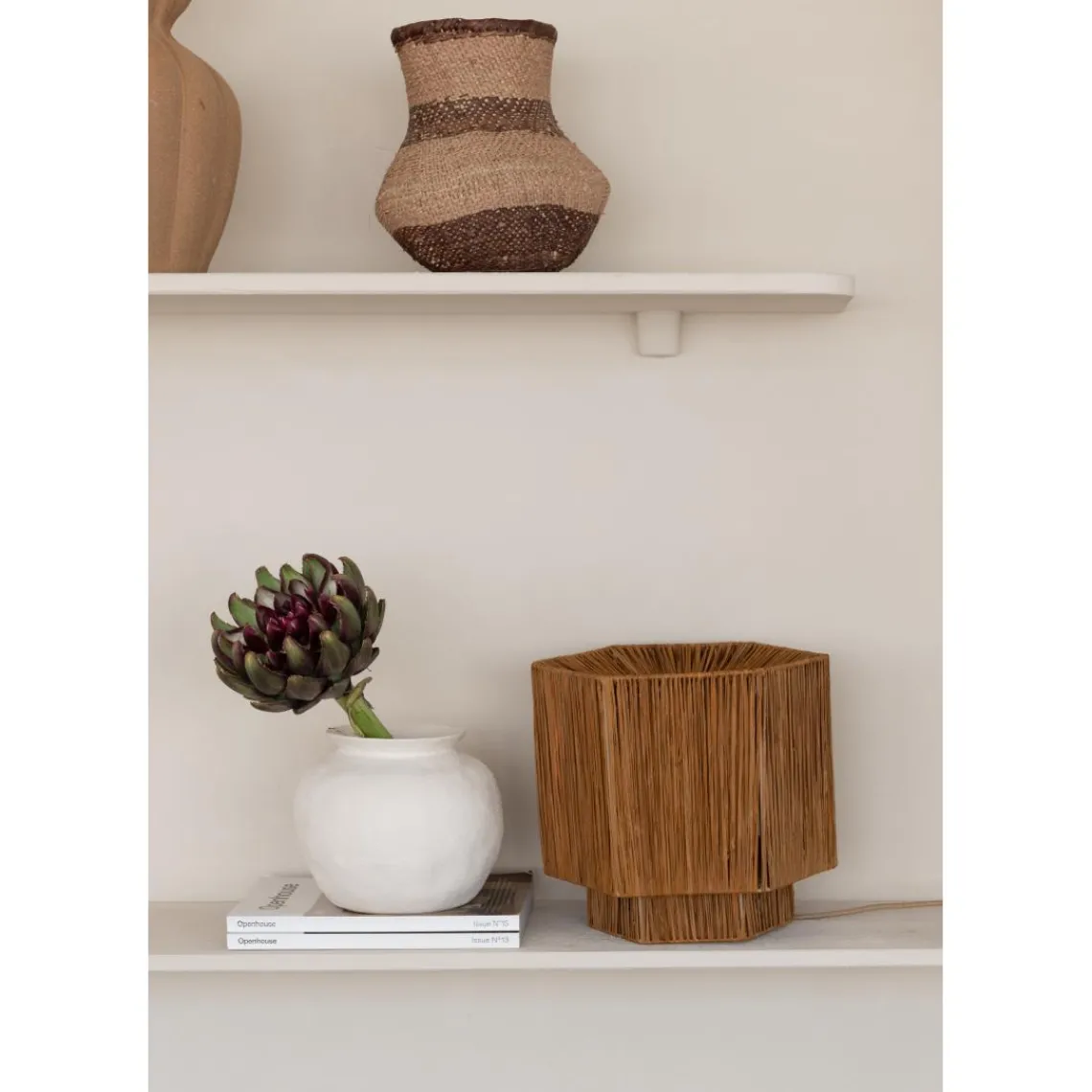 Good & Mojo Lampe de table raphia Panama ronde-octogonale marron Outlet