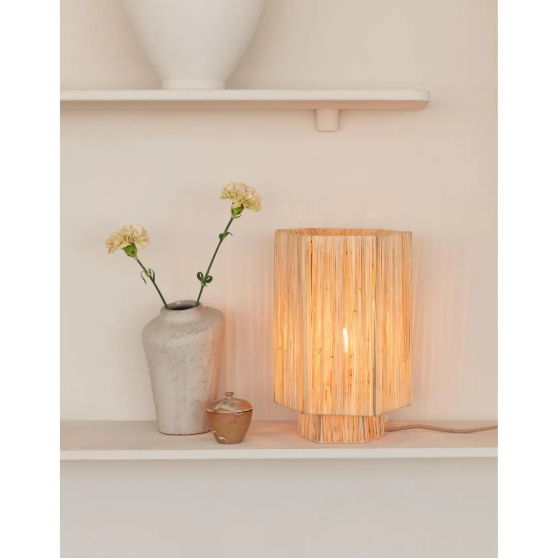 Good & Mojo Lampe de table raphia Panama ronde octogonale naturel Outlet