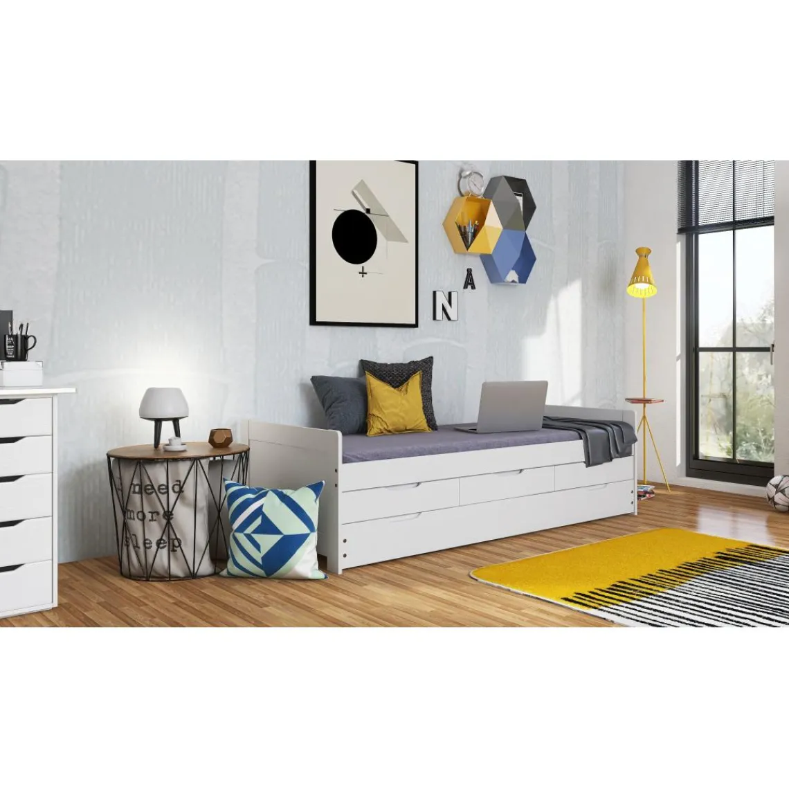 3S. x Home Lit à tiroirs 90x200 cm pin massif blanc Best