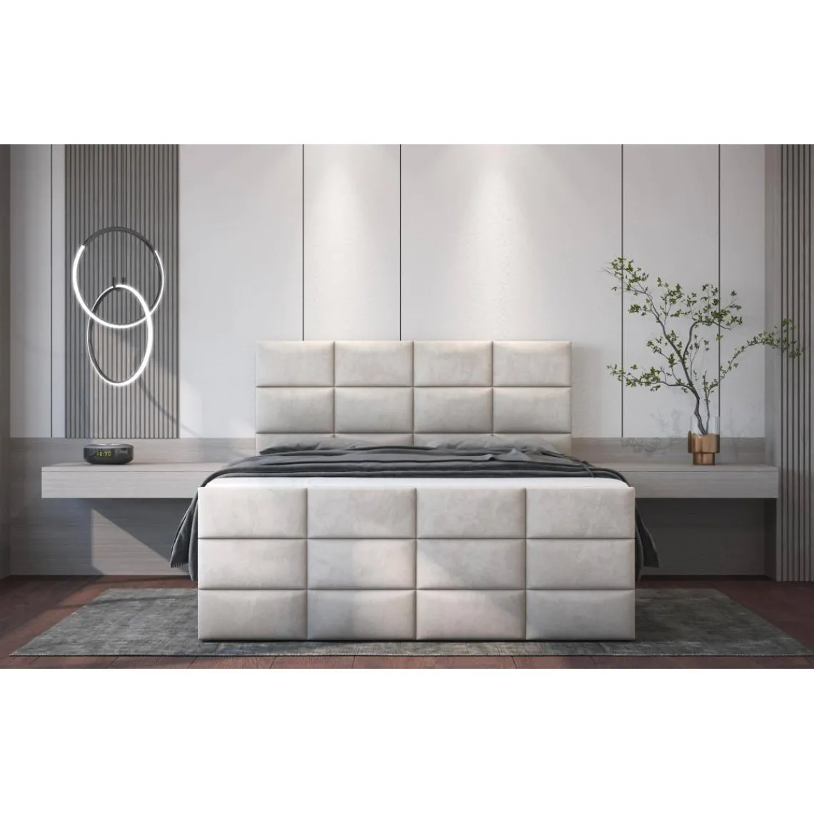 3S. x Home Lit boxspring avec matelas et sur-matelas inclus Postan Velours Beige Outlet
