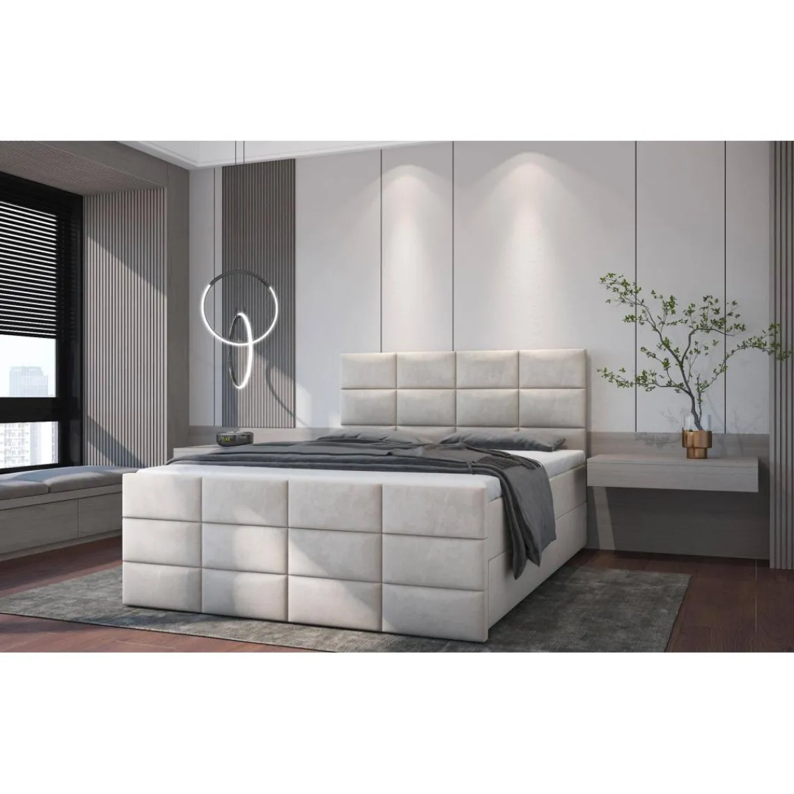 3S. x Home Lit boxspring avec matelas et sur-matelas inclus Postan Velours Beige Outlet