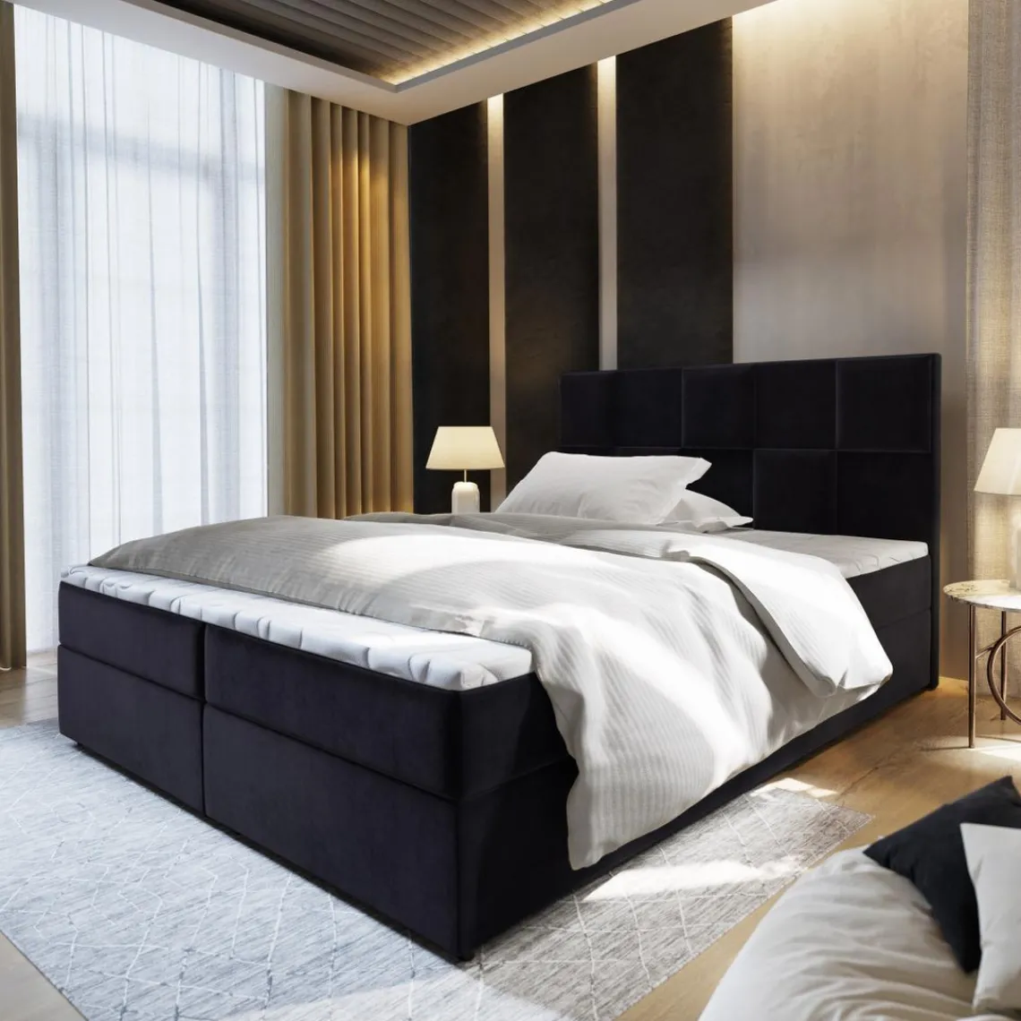 3S. x Home Lit boxspring avec matelas et sur-matelas inclus PRATA 180x220cm Velours Noir Sale