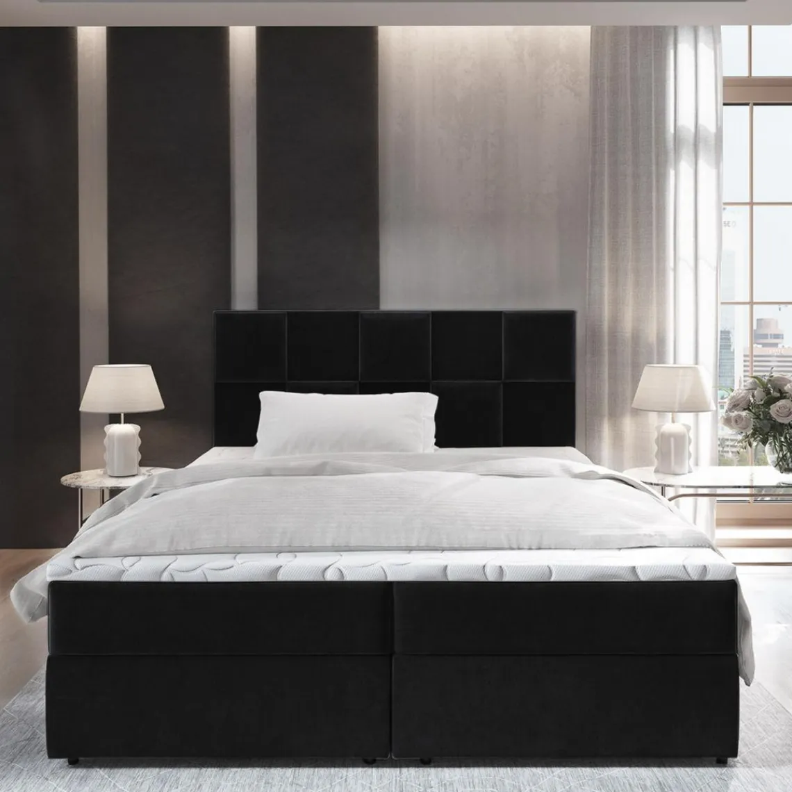 3S. x Home Lit boxspring avec matelas et sur-matelas inclus PRATA 180x220cm Velours Noir Sale